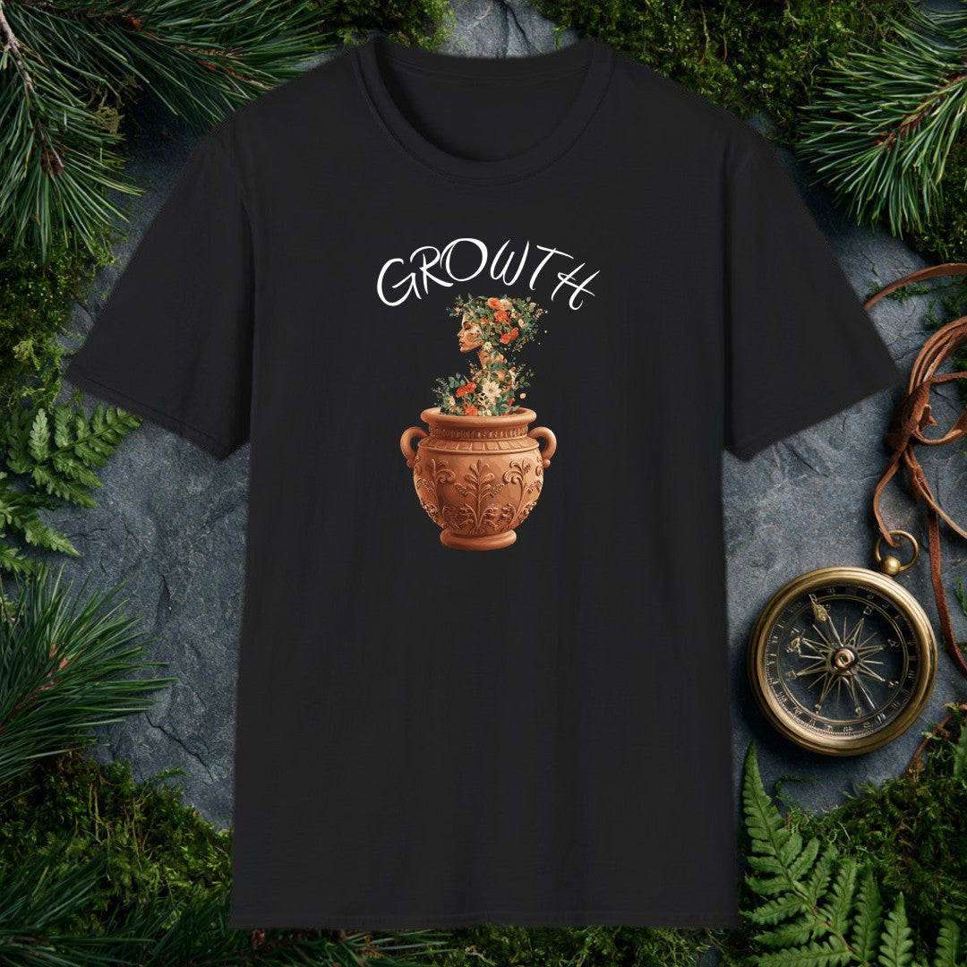 A woman's silhouette rises from an ornate terracotta urn, her form woven through with climbing roses, white dahlias, and trailing greenery — made for the…
