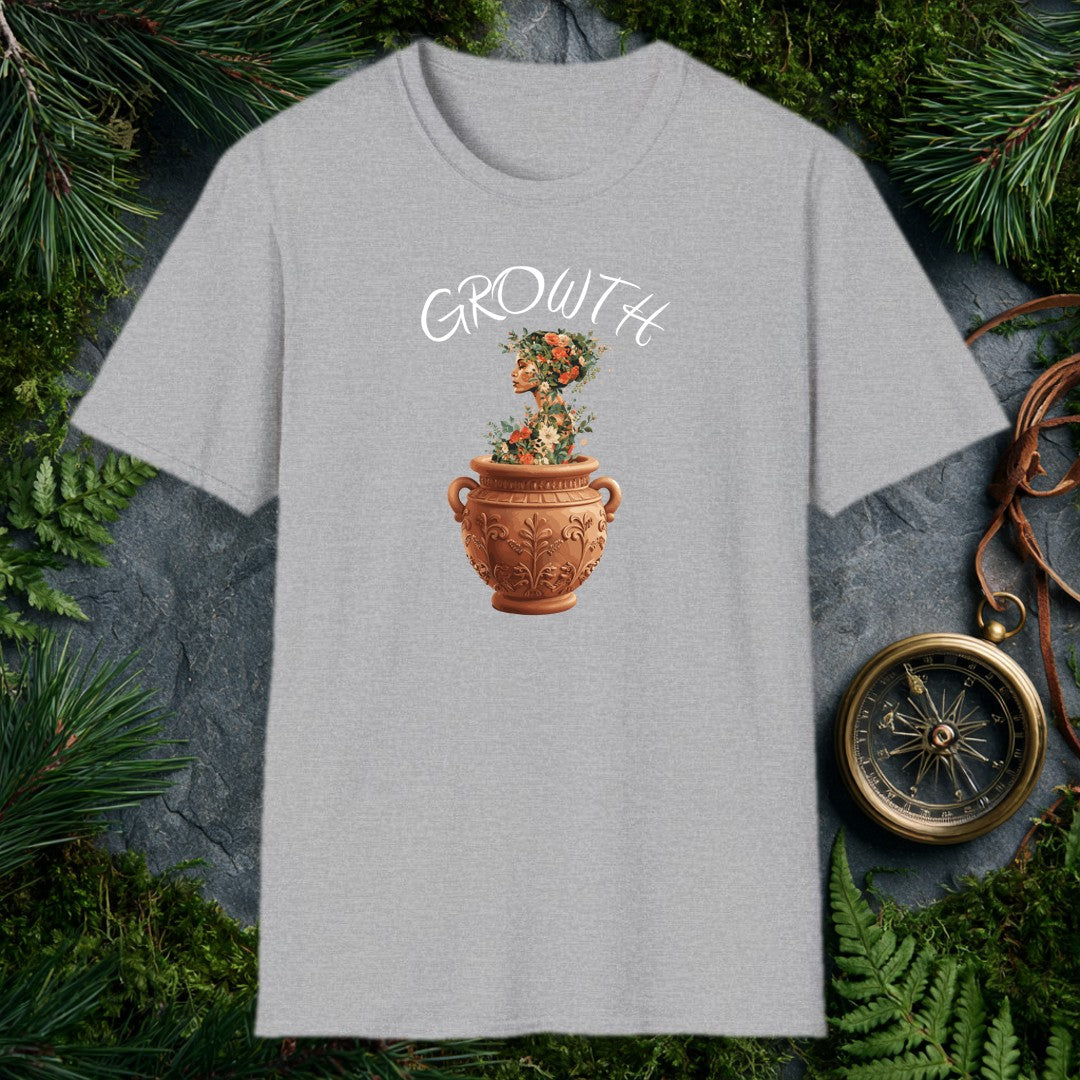 A woman's silhouette rises from an ornate terracotta urn, her form woven through with climbing roses, white dahlias, and trailing greenery — made for the…