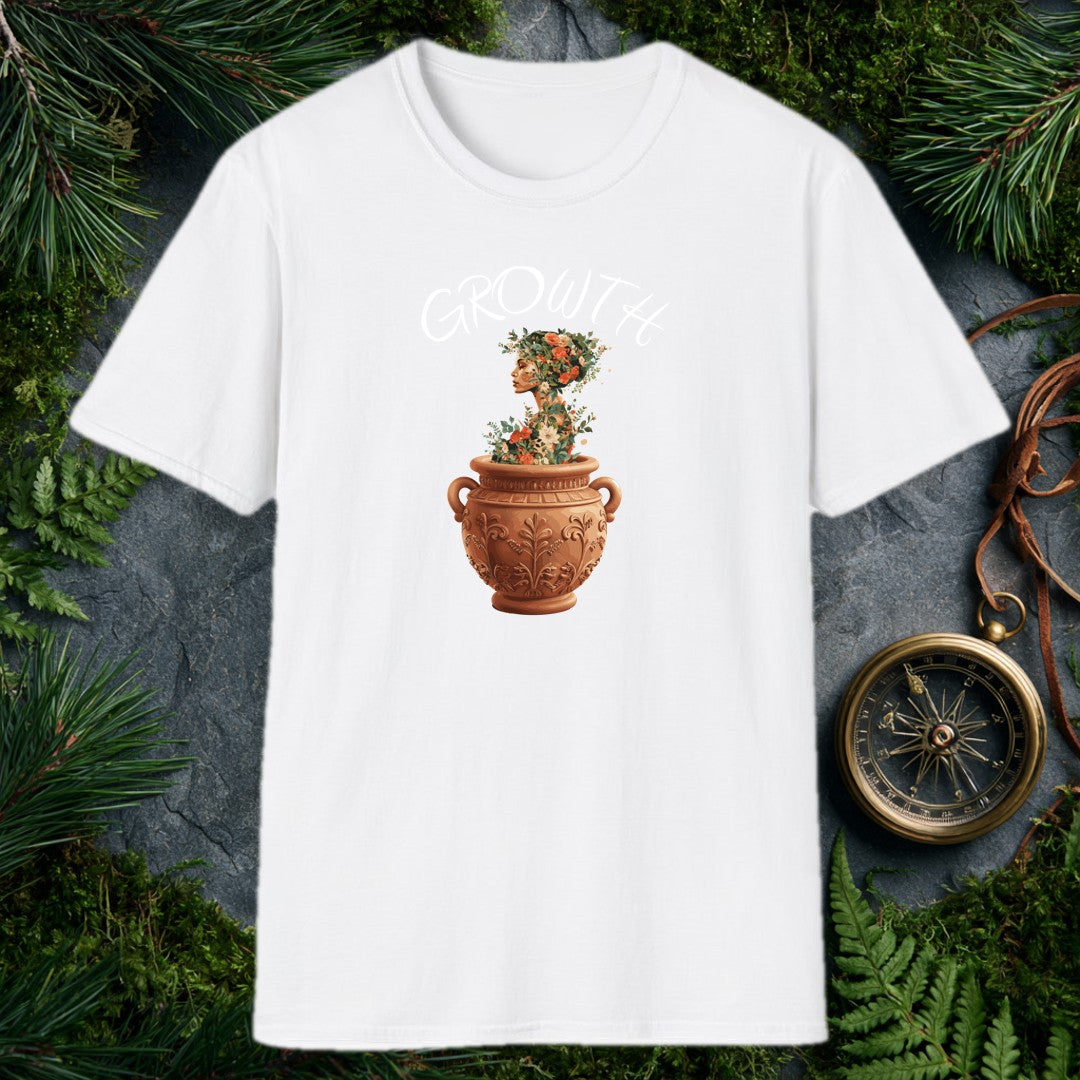 A woman's silhouette rises from an ornate terracotta urn, her form woven through with climbing roses, white dahlias, and trailing greenery — made for the…