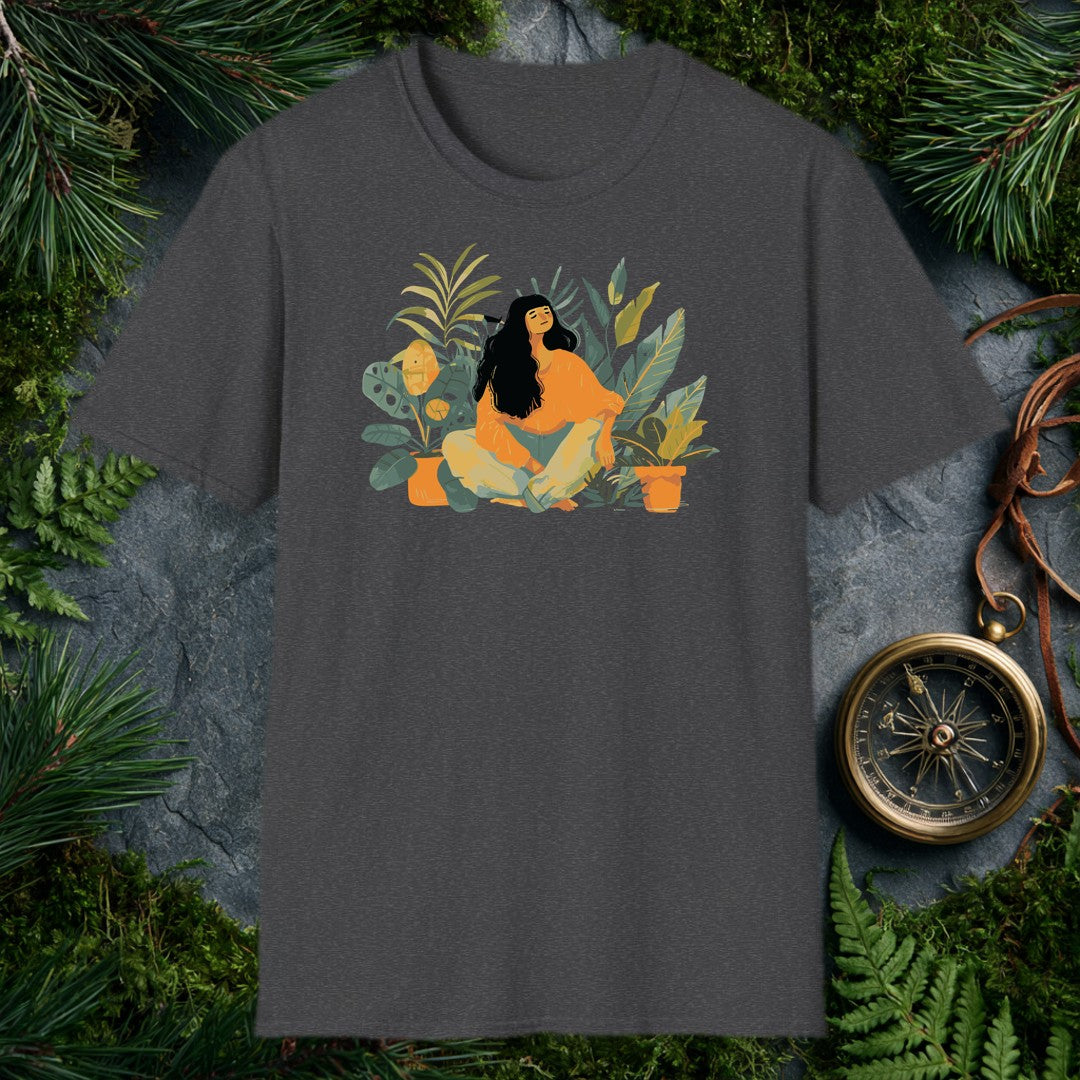 illustrated woman with long dark hair sitting cross-legged among monstera, fiddle-leaf fig, and palm houseplants, eyes c