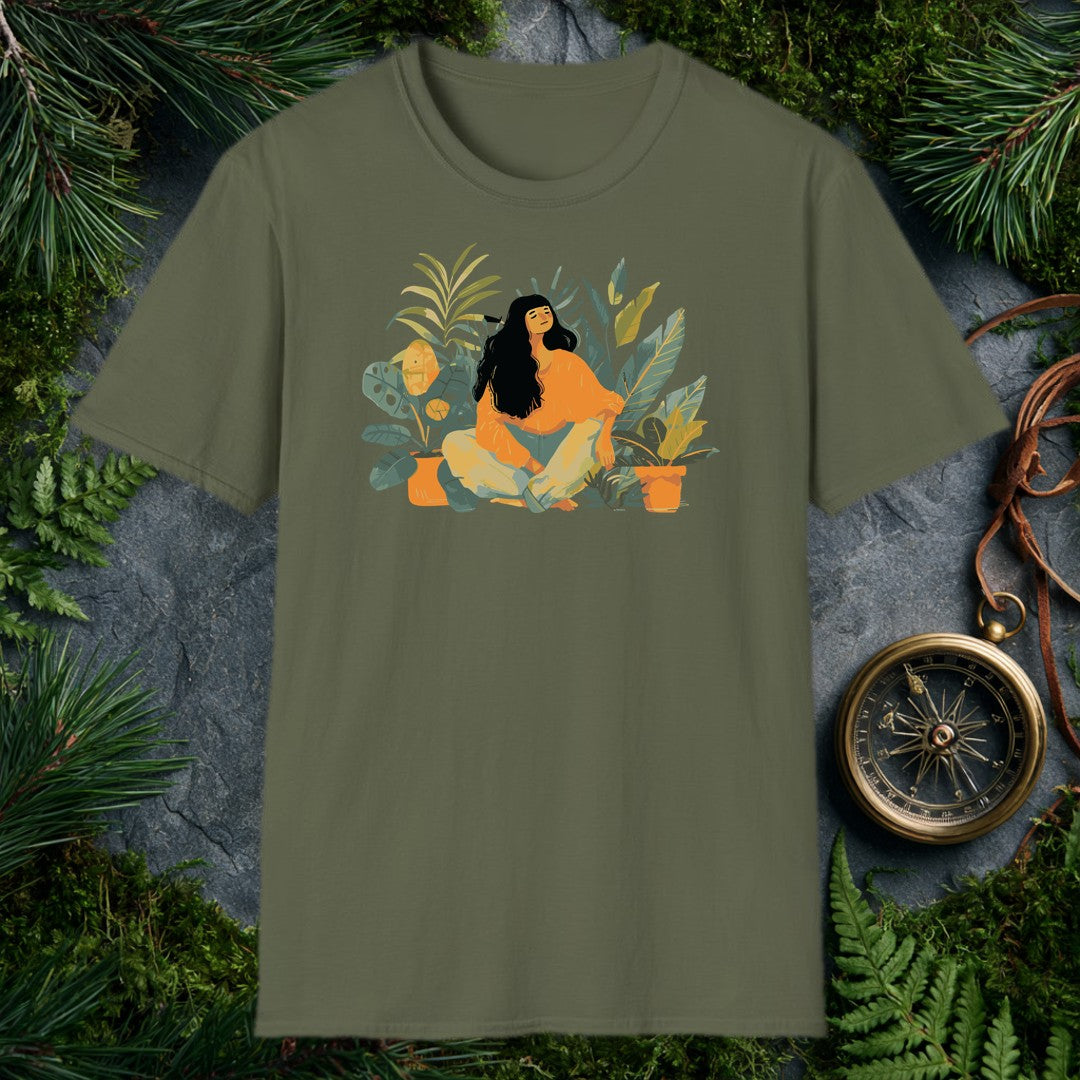 illustrated woman with long dark hair sitting cross-legged among monstera, fiddle-leaf fig, and palm houseplants, eyes c