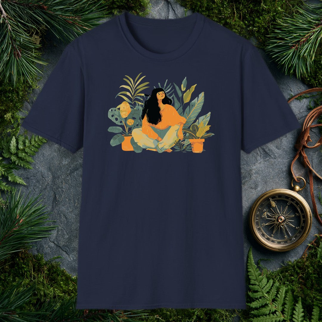 illustrated woman with long dark hair sitting cross-legged among monstera, fiddle-leaf fig, and palm houseplants, eyes c