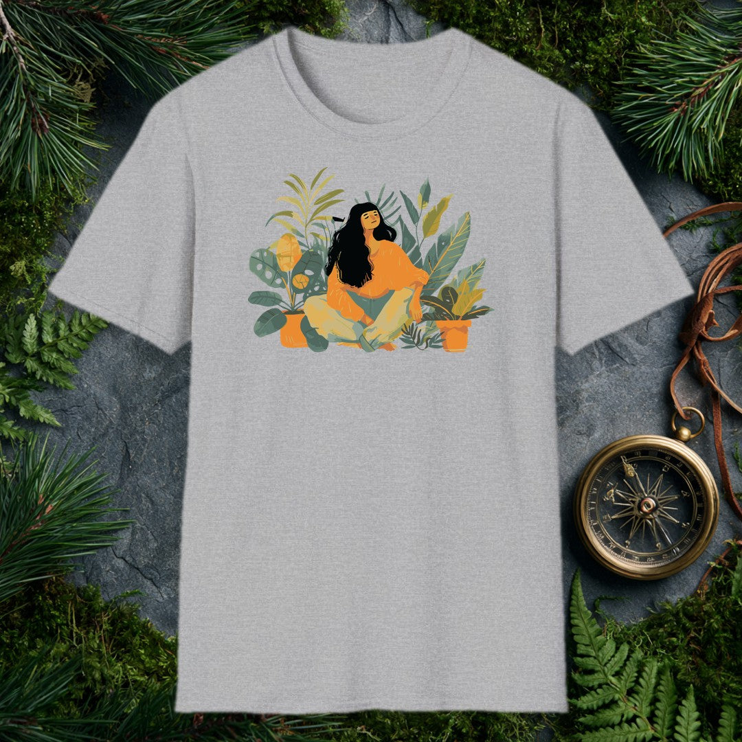 illustrated woman with long dark hair sitting cross-legged among monstera, fiddle-leaf fig, and palm houseplants, eyes c