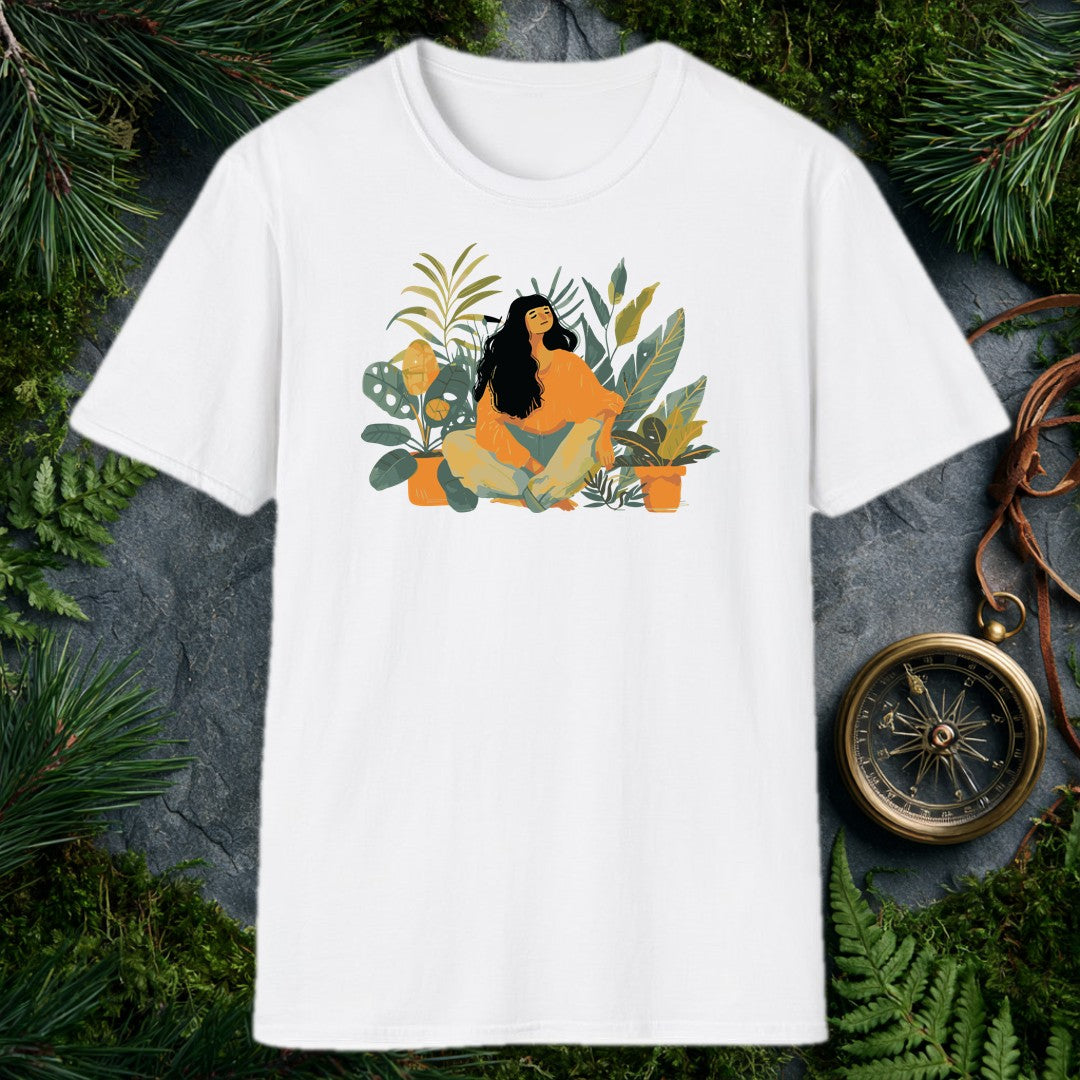 illustrated woman with long dark hair sitting cross-legged among monstera, fiddle-leaf fig, and palm houseplants, eyes c