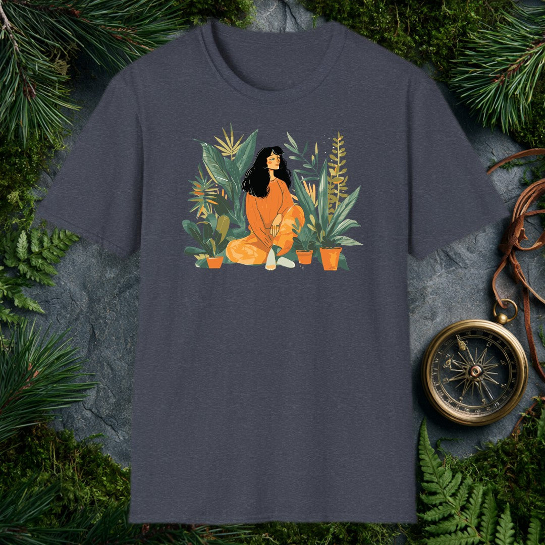 illustrated woman in orange sweater sitting cross-legged among tropical houseplants including banana leaves and snake pl