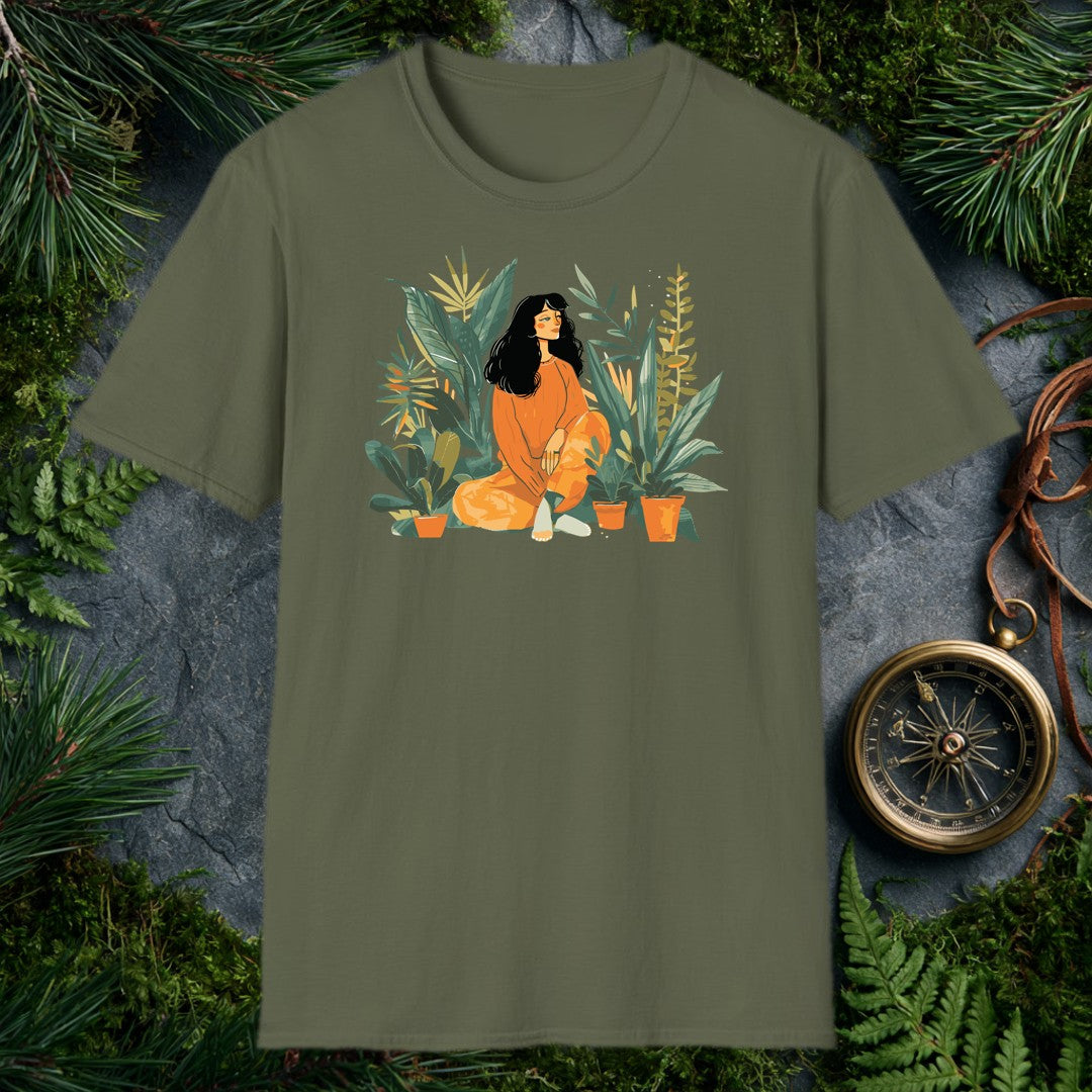 illustrated woman in orange sweater sitting cross-legged among tropical houseplants including banana leaves and snake pl