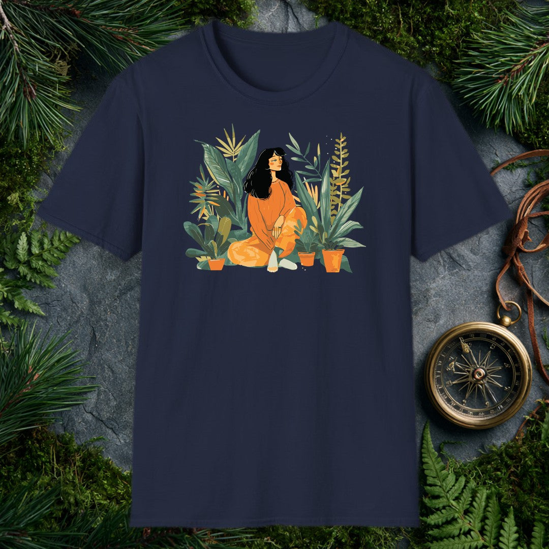 illustrated woman in orange sweater sitting cross-legged among tropical houseplants including banana leaves and snake pl