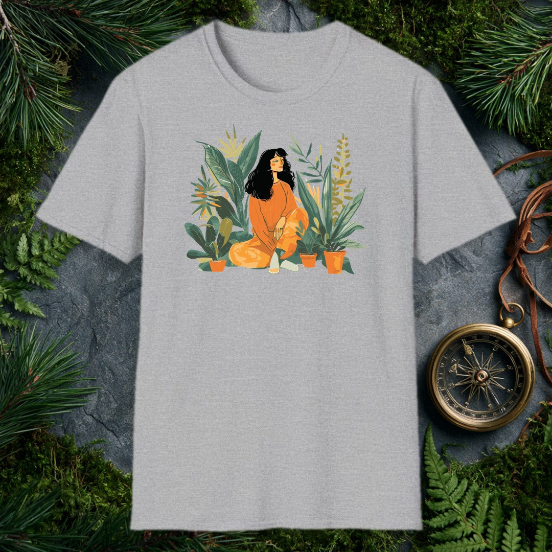 illustrated woman in orange sweater sitting cross-legged among tropical houseplants including banana leaves and snake pl