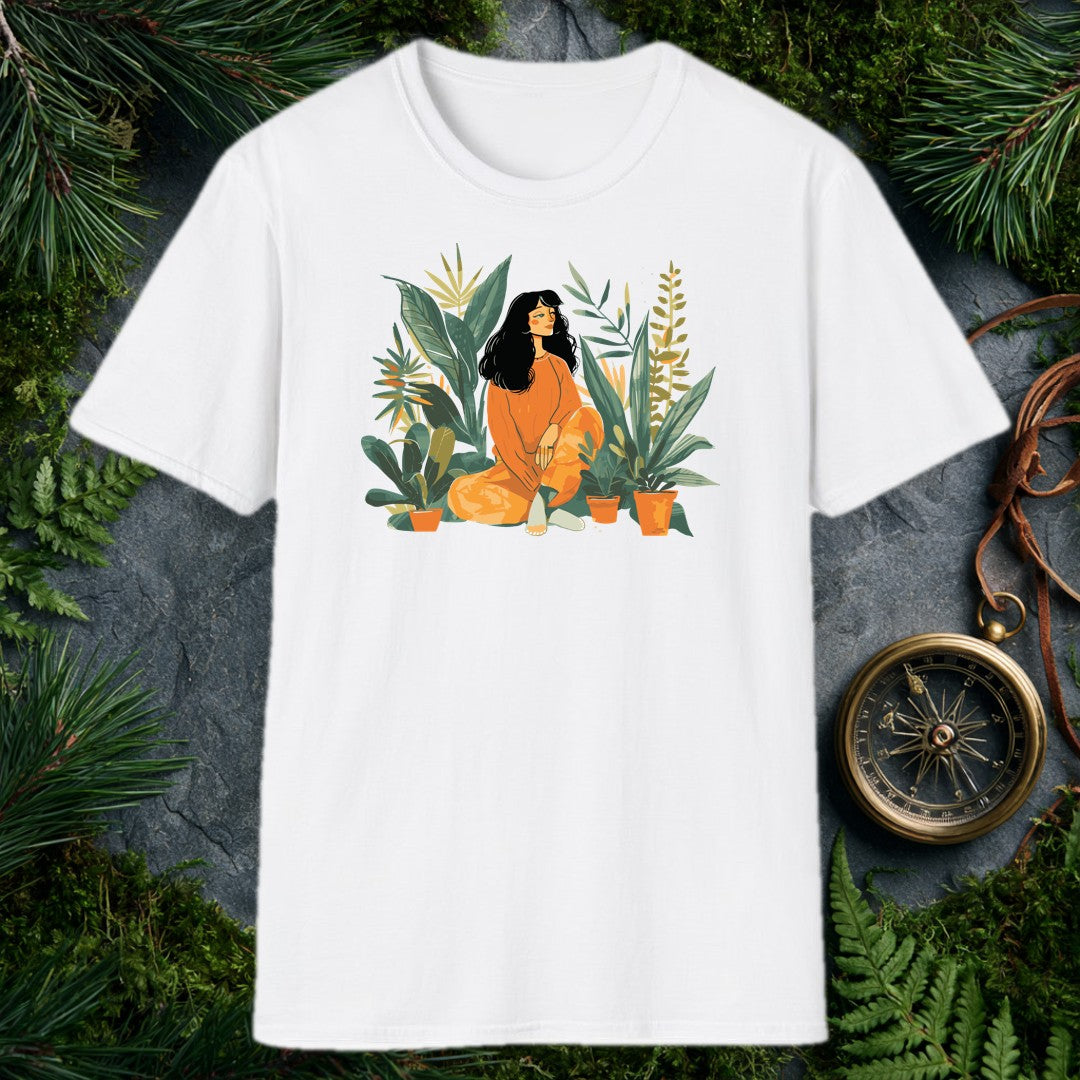 illustrated woman in orange sweater sitting cross-legged among tropical houseplants including banana leaves and snake pl