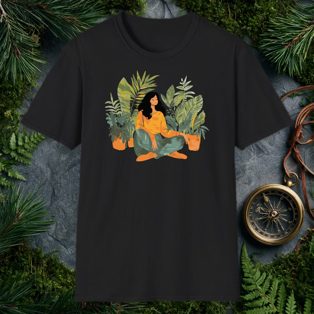 illustrated woman sitting cross-legged among tropical houseplants in warm orange and soft teal, eyes closed, at peace