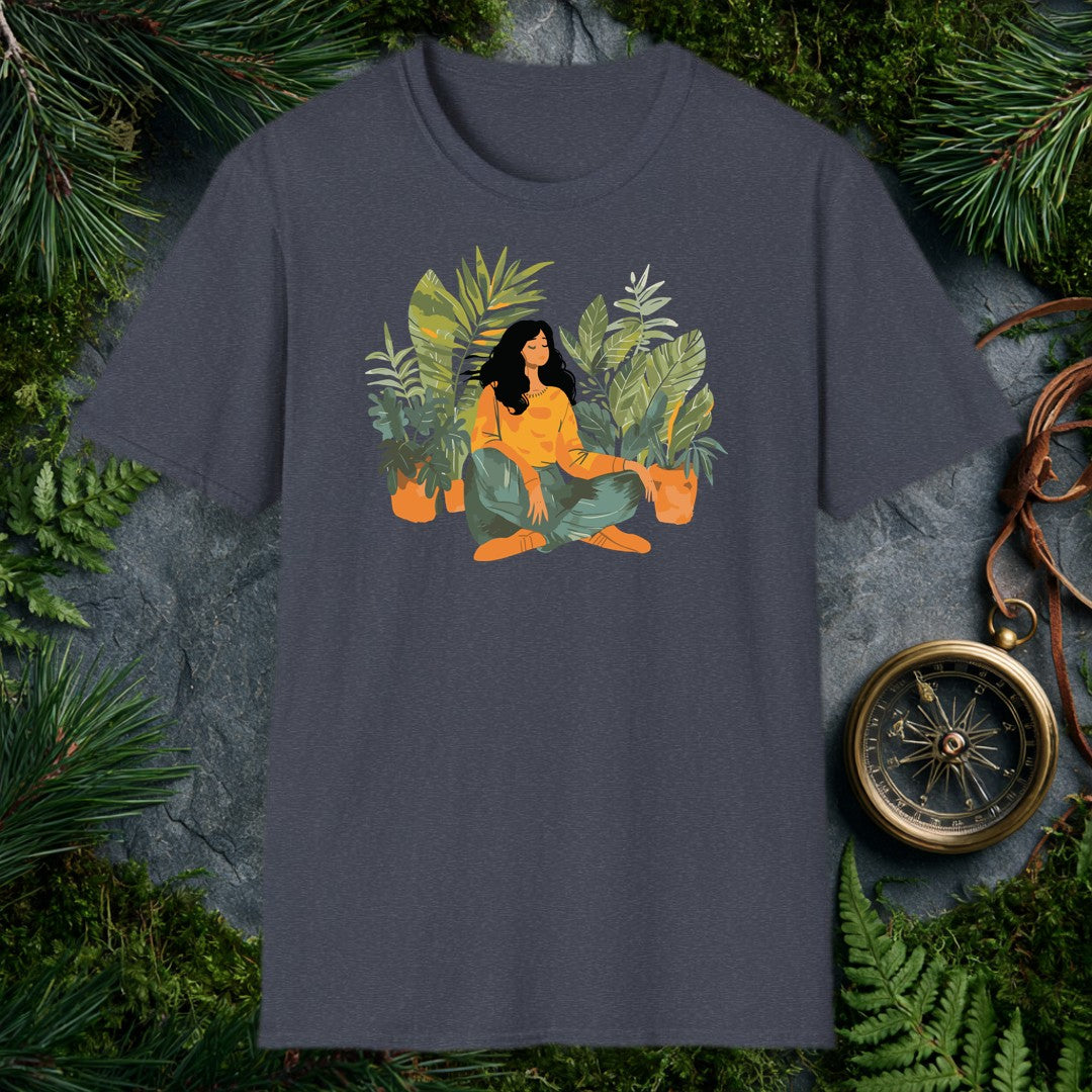 illustrated woman sitting cross-legged among tropical houseplants in warm orange and soft teal, eyes closed, at peace