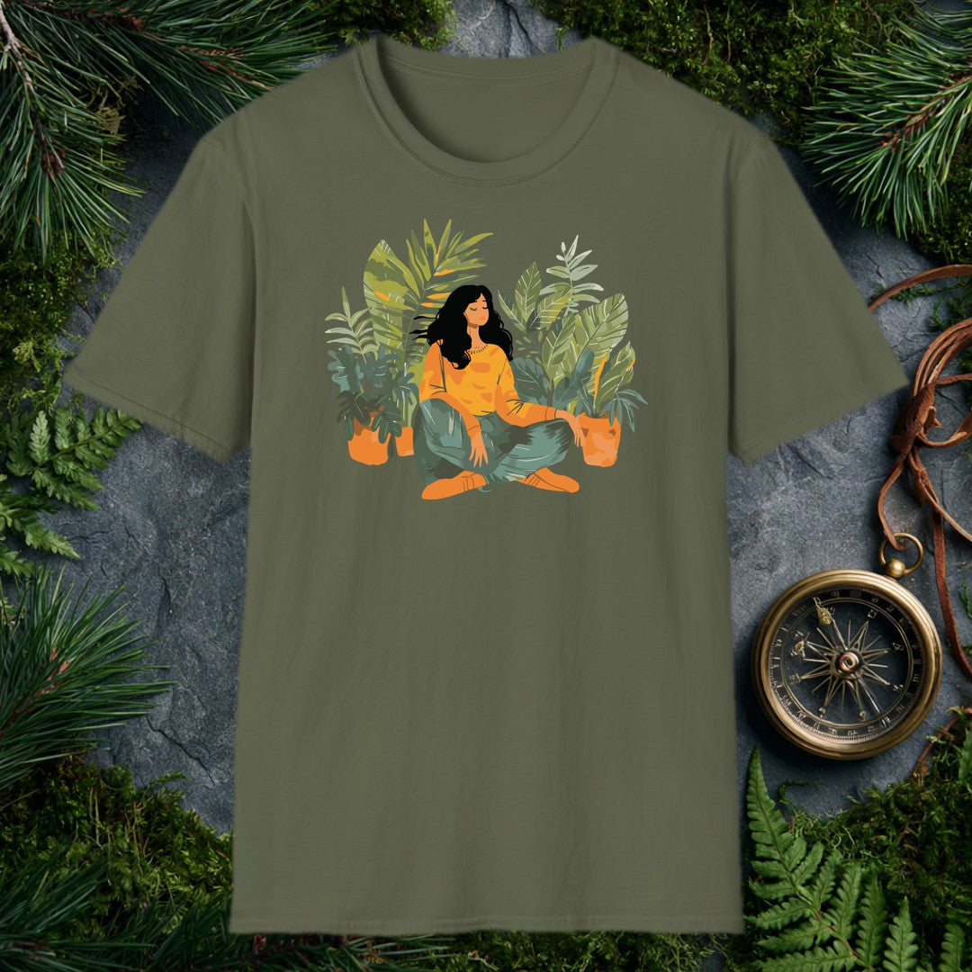 illustrated woman sitting cross-legged among tropical houseplants in warm orange and soft teal, eyes closed, at peace