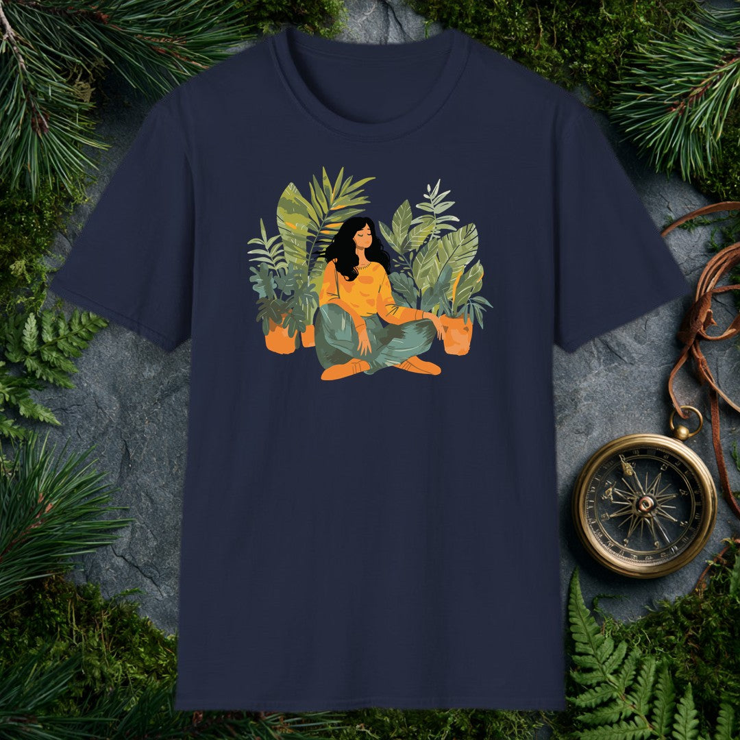 illustrated woman sitting cross-legged among tropical houseplants in warm orange and soft teal, eyes closed, at peace
