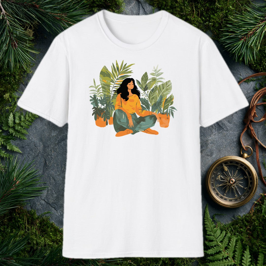 illustrated woman sitting cross-legged among tropical houseplants in warm orange and soft teal, eyes closed, at peace