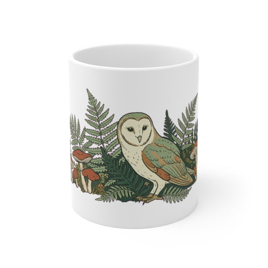 A barn owl settles into a forest floor thick with sword ferns, red-capped mushrooms, and honey-brown toadstools — drawn for anyone who knows that the quiet,…