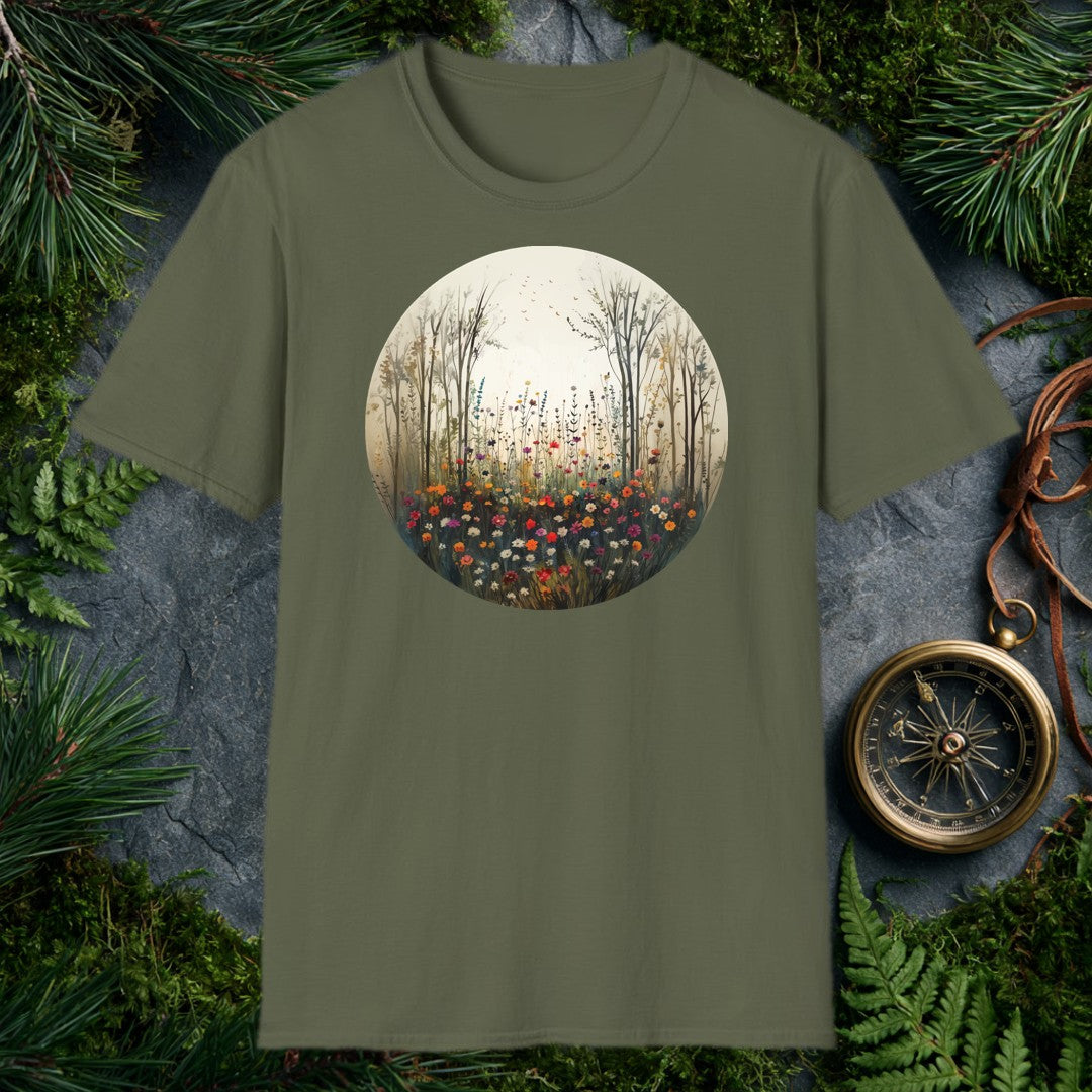 circular watercolor painting of bare trees framing a colorful wildflower meadow with birds rising into a pale sky