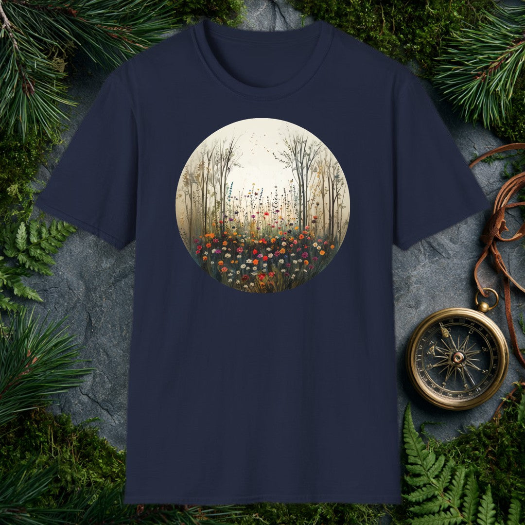 circular watercolor painting of bare trees framing a colorful wildflower meadow with birds rising into a pale sky
