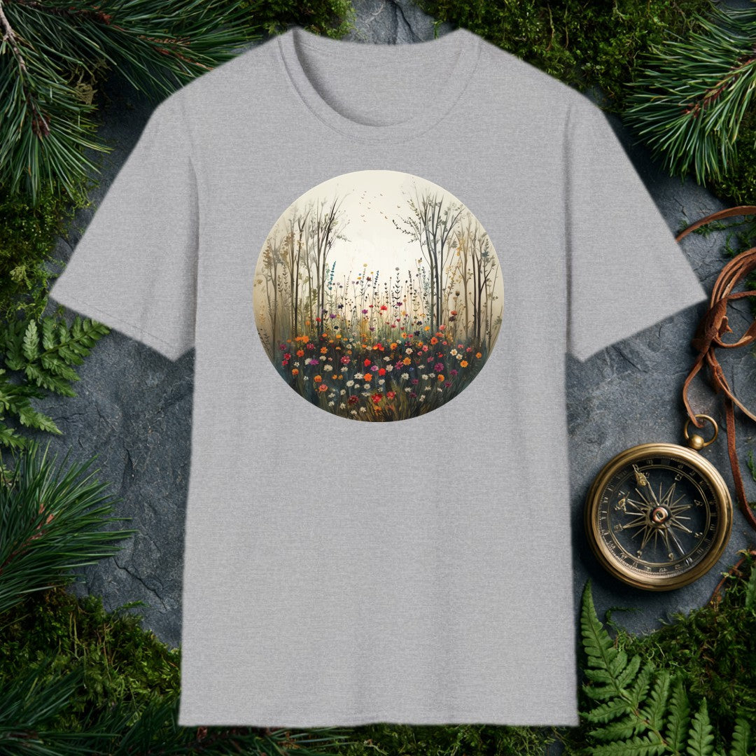 circular watercolor painting of bare trees framing a colorful wildflower meadow with birds rising into a pale sky