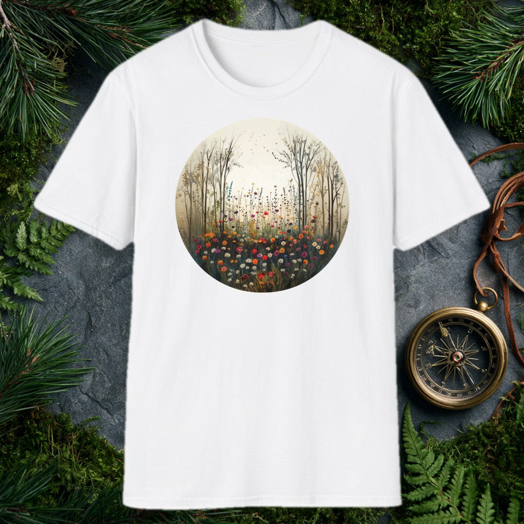circular watercolor painting of bare trees framing a colorful wildflower meadow with birds rising into a pale sky